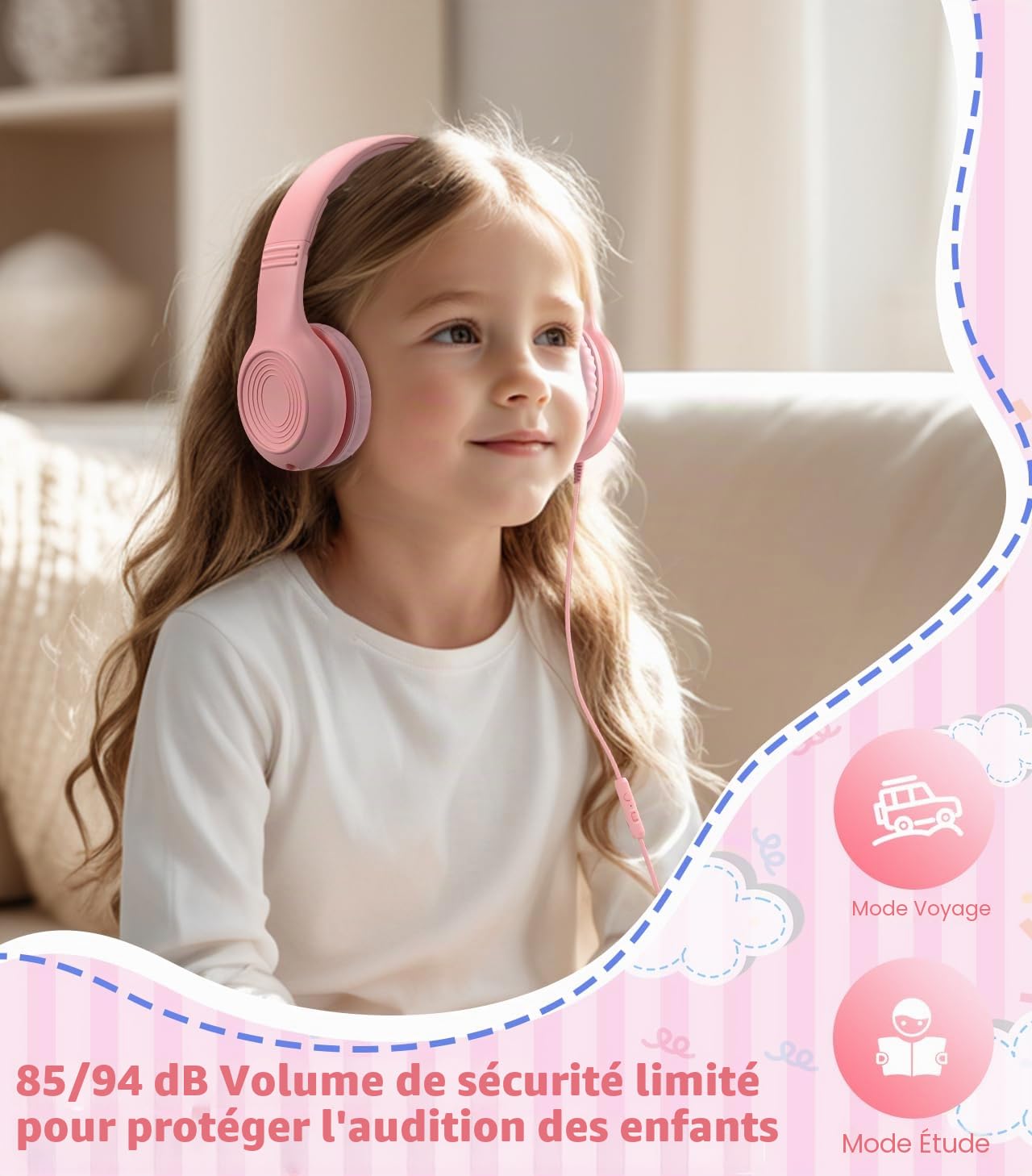 Casque filaire USB de type C pour enfants avec microphone pour garçons et filles, volume limité de 85 dB/94 dB réglable (rose)