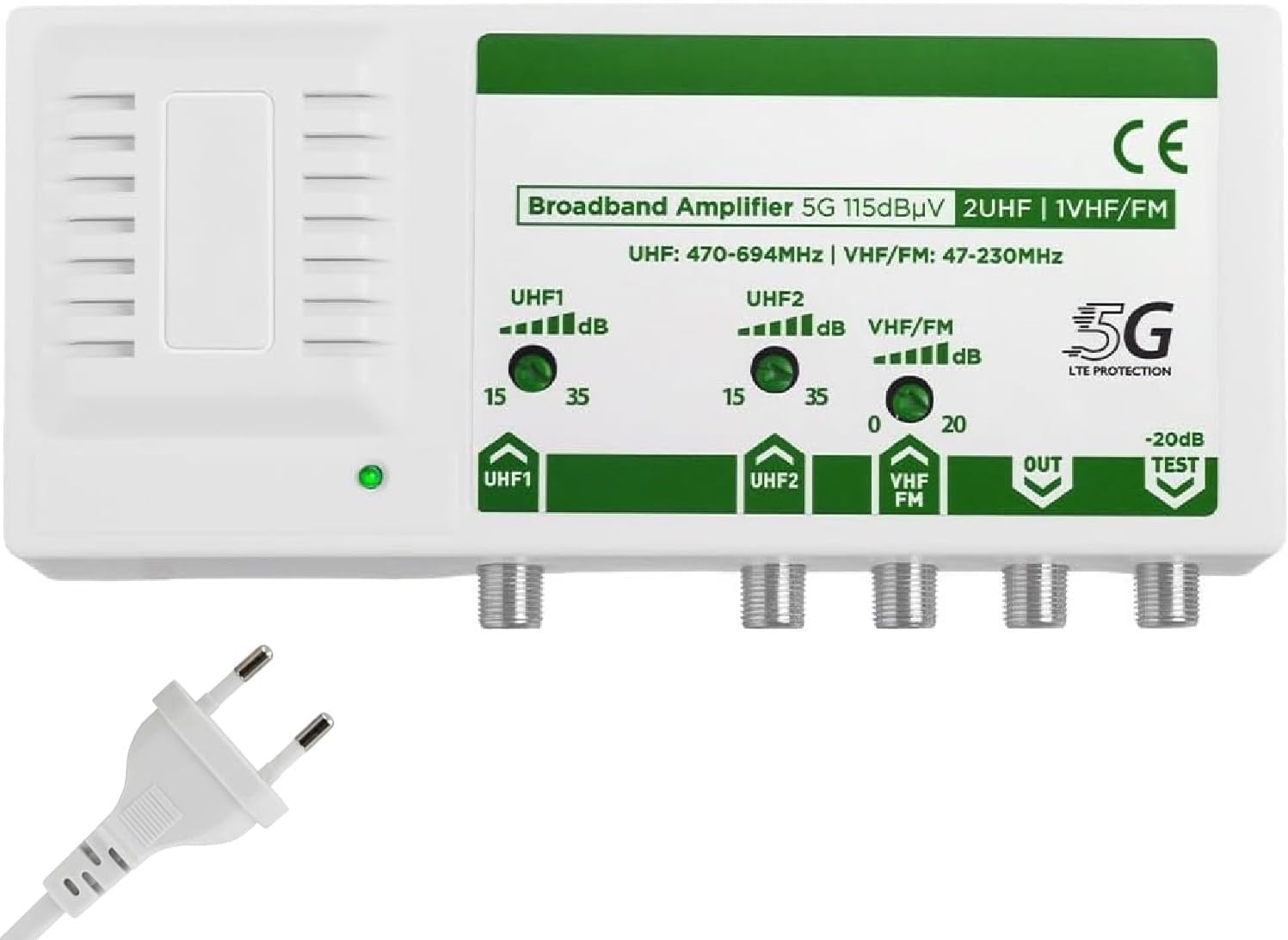 ANFEL CMB-35 Amplificatore Antenna TV, Centrale Banda Larga, 2UHF, 1VHF/FM, 15-35db Regolabile, 115dBmV, per Digitale Terrestre DVB-T/T2, con filtro 5G LTE, UHF 470-694Mhz, VHF/FM 47-230MHz
