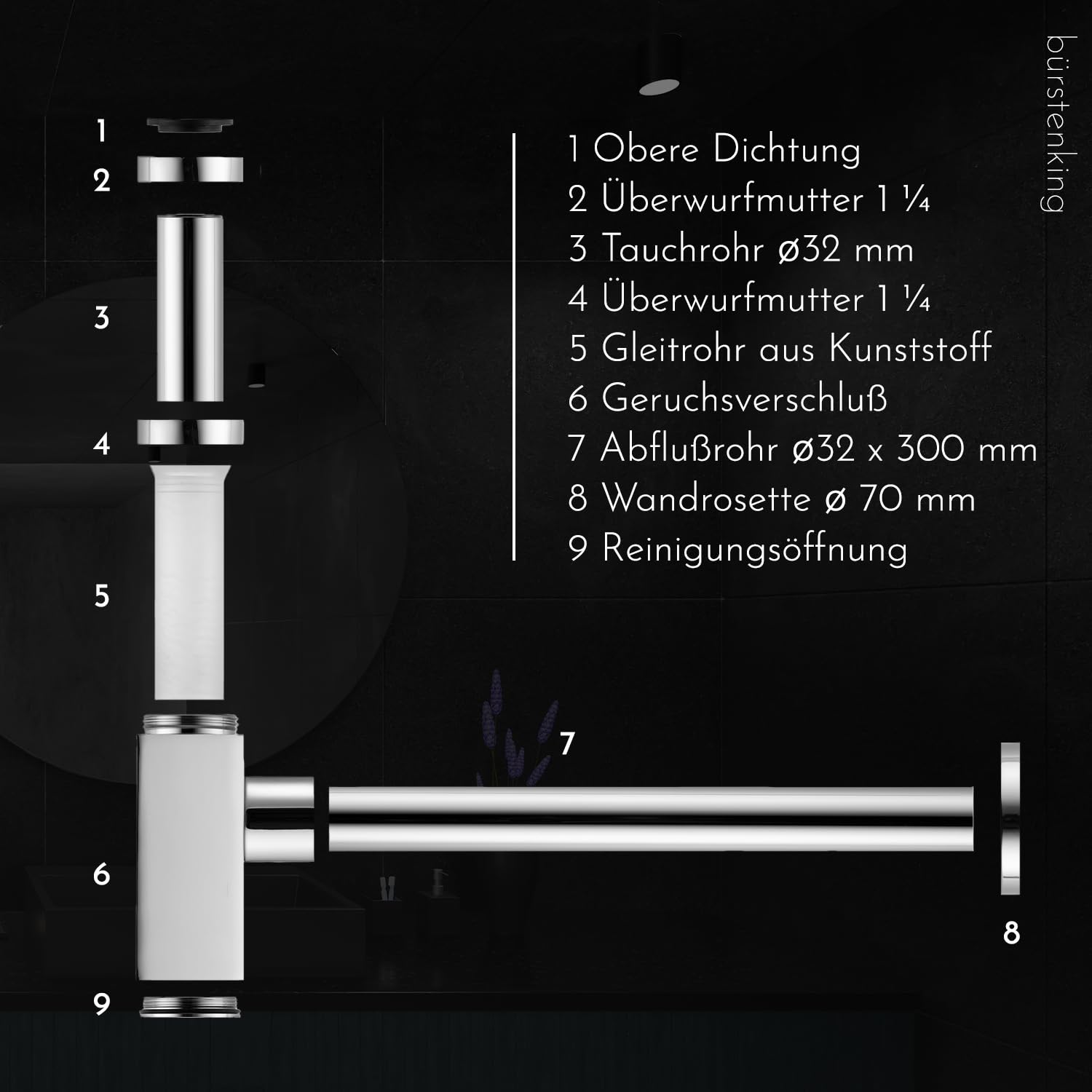 Design Siphon für Waschbecken & Waschtisch – Flaschensiphon Syphon 1 1/4" Universal – Geruchsverschluss mit Reinigungsöffnung – Massives Messing Abflussrohr, Eckig Chrom – Bürstenking
