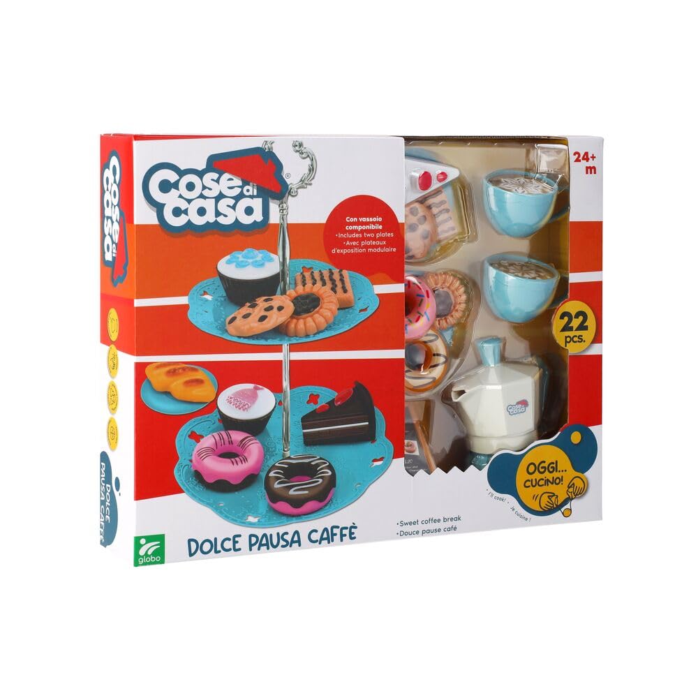 Set con Moka e Thè giocattolo - 22 Accessori per il momento del caffè e del thè - Inclusa alzatina per dolci - Globo Giocattoli - Cose di Casa - 42108