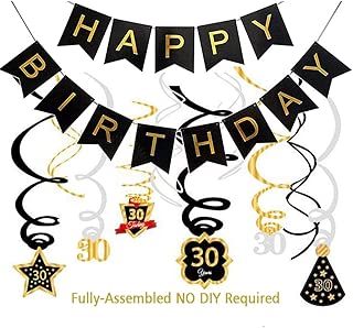 30th Birthday Decorations for Men Women(Already Assembled)30th Happy Birthday Bunting Banner Swirls Decorations,Sparkling Celebration Hanging Swirls,Gold Silver Black 30 Years Old Party Supplies - coolthings.us