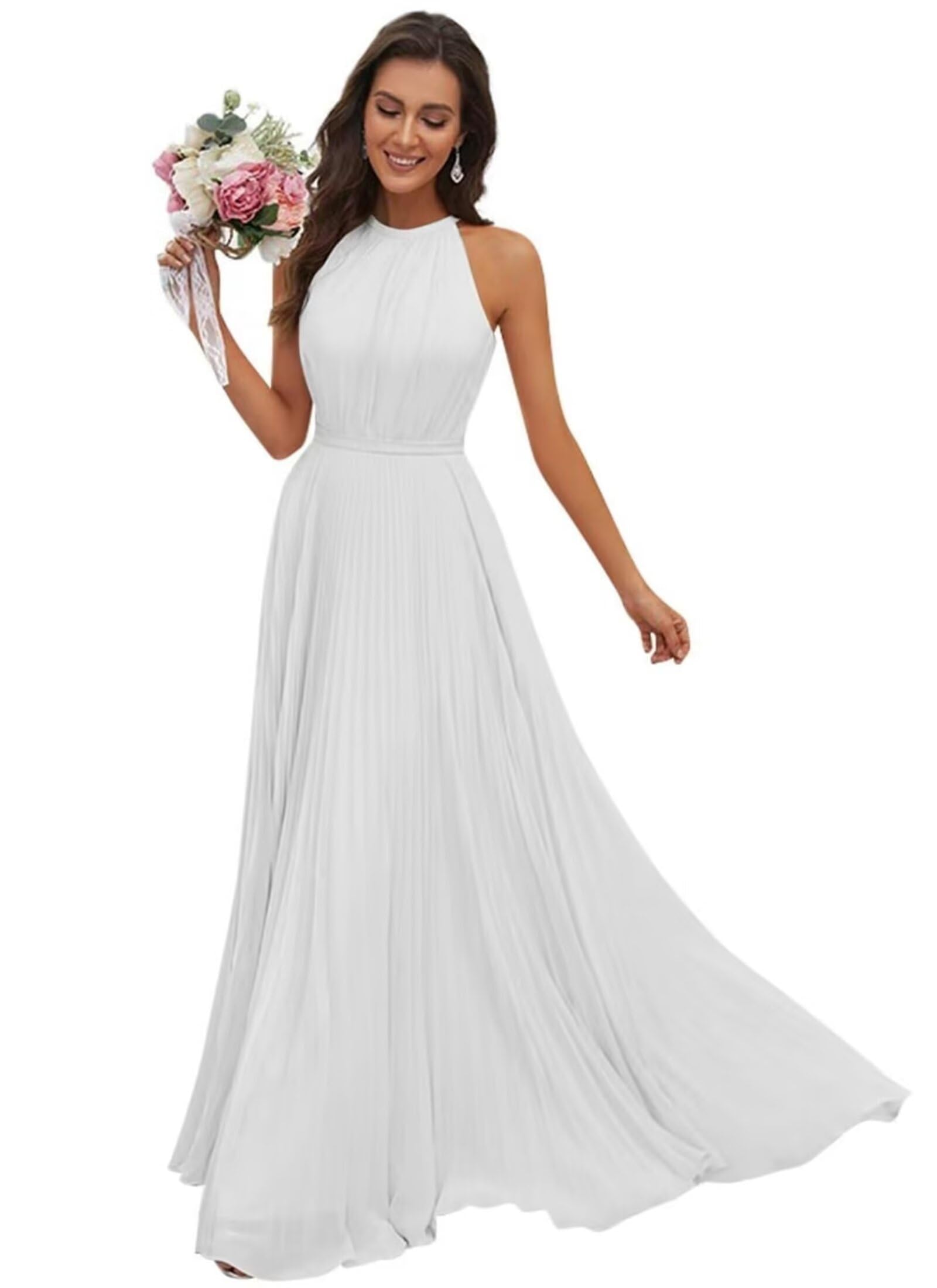 JAEDEN Abendkleid Damen Lang Elegant für Hochzeit Neckholder Brautjungfernkleider Chiffon Festliches Party Kleid Weiß 46
