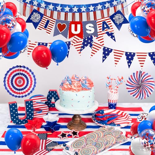 Image of 53PCS 4th of July Car Parade Decorations LOVE USA Banner Bunting Wreath Red White Blue Paper Fans Balloons Decoration Star Streamer Independence Day Party Supplies