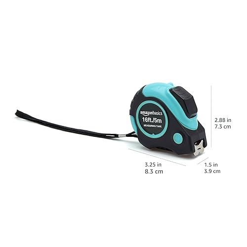 Amazon Basics Retractable Tape Measure with Push Button, Easy to Use, 16 Feet, Pink(Turquoise,4.9 m)