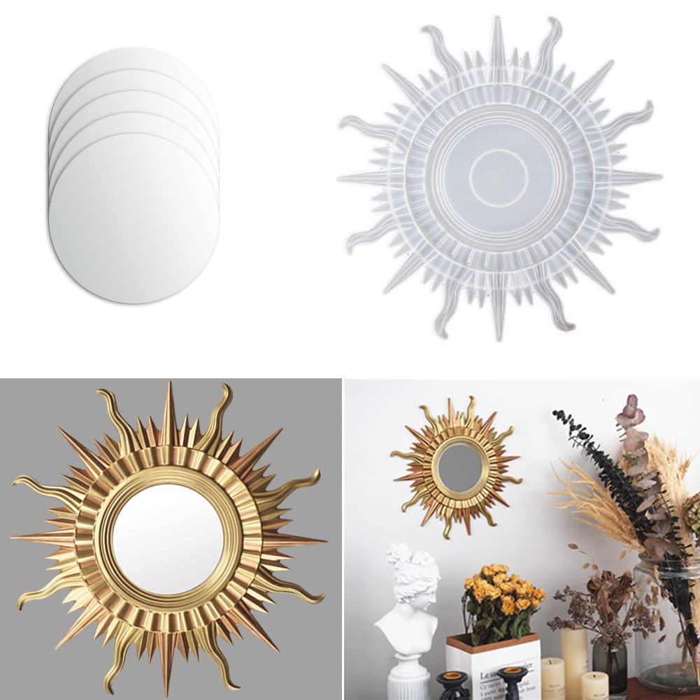 Moldes de resina para espejo solar, molde de marco de espejo solar de silicona grande con 5 espejos redondos para bricolaje artesanal, molde de fundición creativo, cosplay, decoración del hogar 2