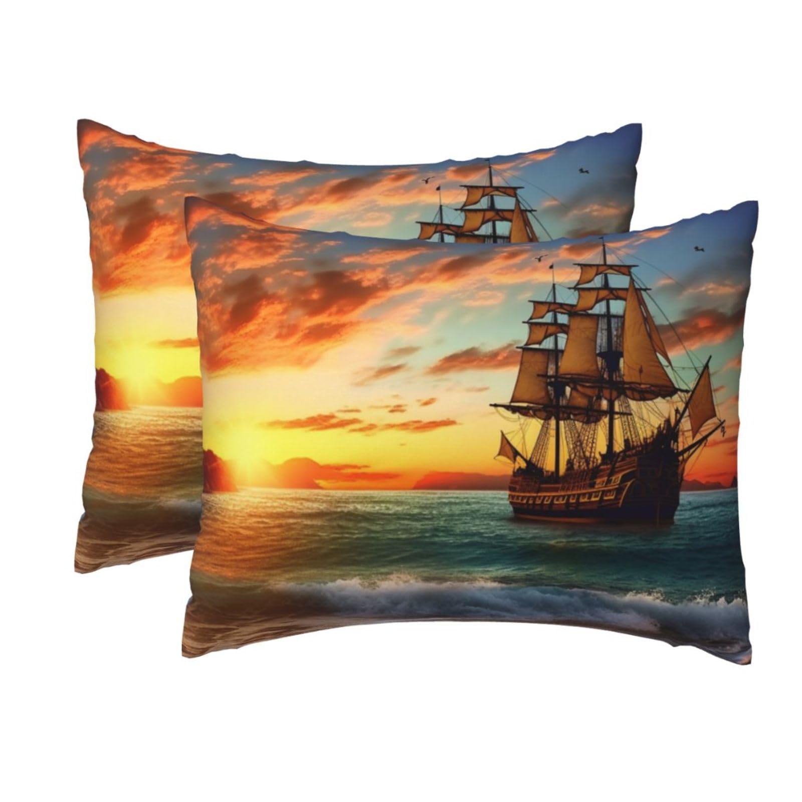 2 Pack Standard Pillow Cases with Hidden Zipper, Soft Breathable Pillow Covers for Hair and Skin, Pirate Ship in The Sunset Pillowcases 20"x26" Bed Pillow Protectors Cover for Sleeping Gifts