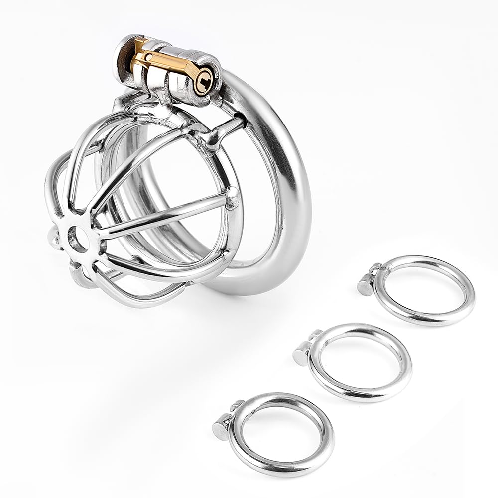 Silent Lock Stainless Steel Chastity Cage with 1-Way Belt and 3 Size Rings- Adult Sex Toy for Bondage Small