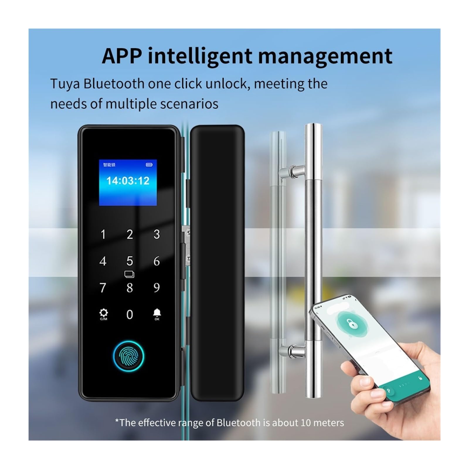 Cerradura inteligente con huella dactilar y Bluetooth for puerta corrediza de vidrio, tarjeta digital electrónica, desbloqueo remoto por aplicación, Resistente a la intemperie(A)