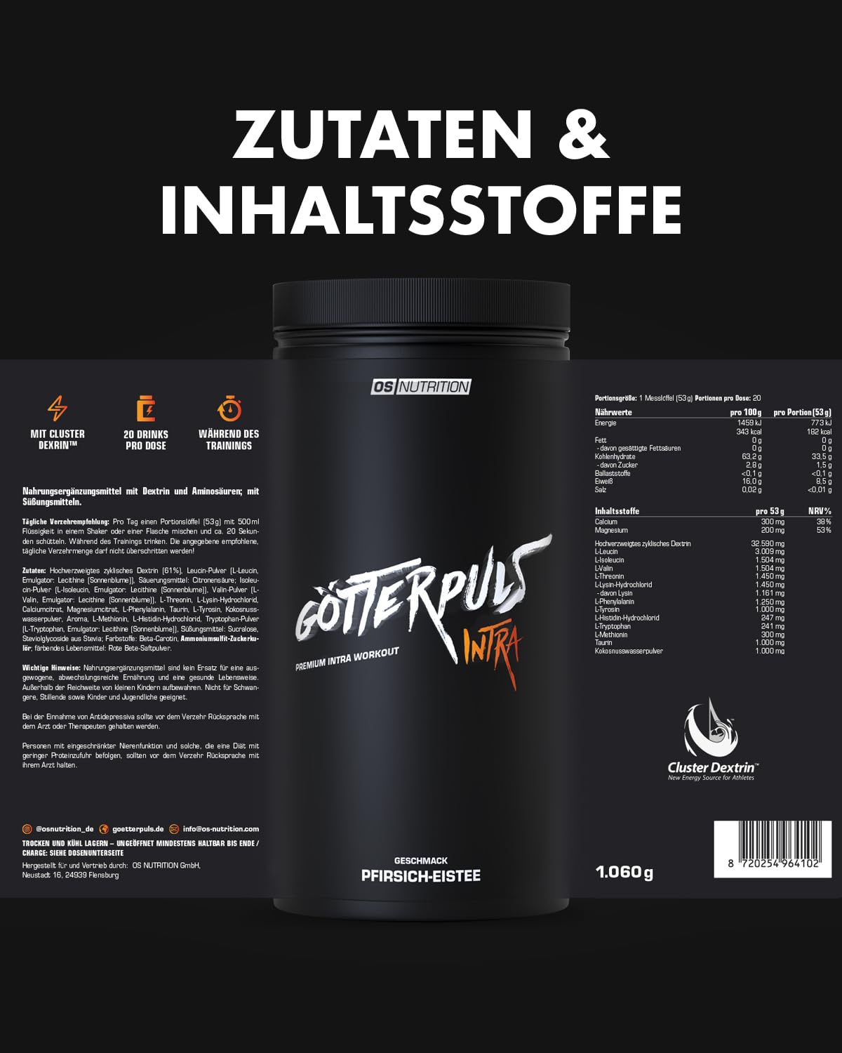 Götterpuls Intra Workout 1.060g Pulver Pfirsich-Eistee | Mit Cluster Dextrin, EAA & Aminosäuren – Mit Elektrolyten & Kokosnusswasserpulver – Vegan – Für Kraftsport – 20 Portionen