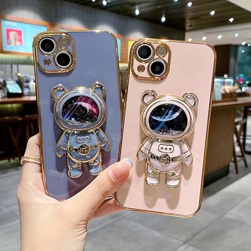 Traday Cute Bear Phone Case Outer Space Liquid Bling 6D Plating Astronaut Hidden Stand Case Cover For Iphone 14 Plus Green #TOP2