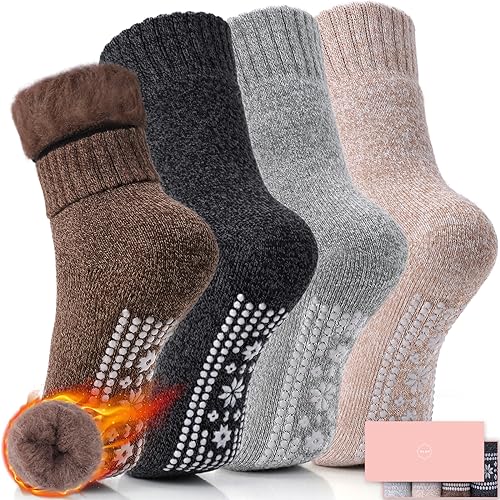 Image of HUGSWEET Thermal Slipper Socks, Anti Slip Hospital Socks Women Winter Soft Warm Cozy Fluffy Plush Grip Socks 4 Pairs