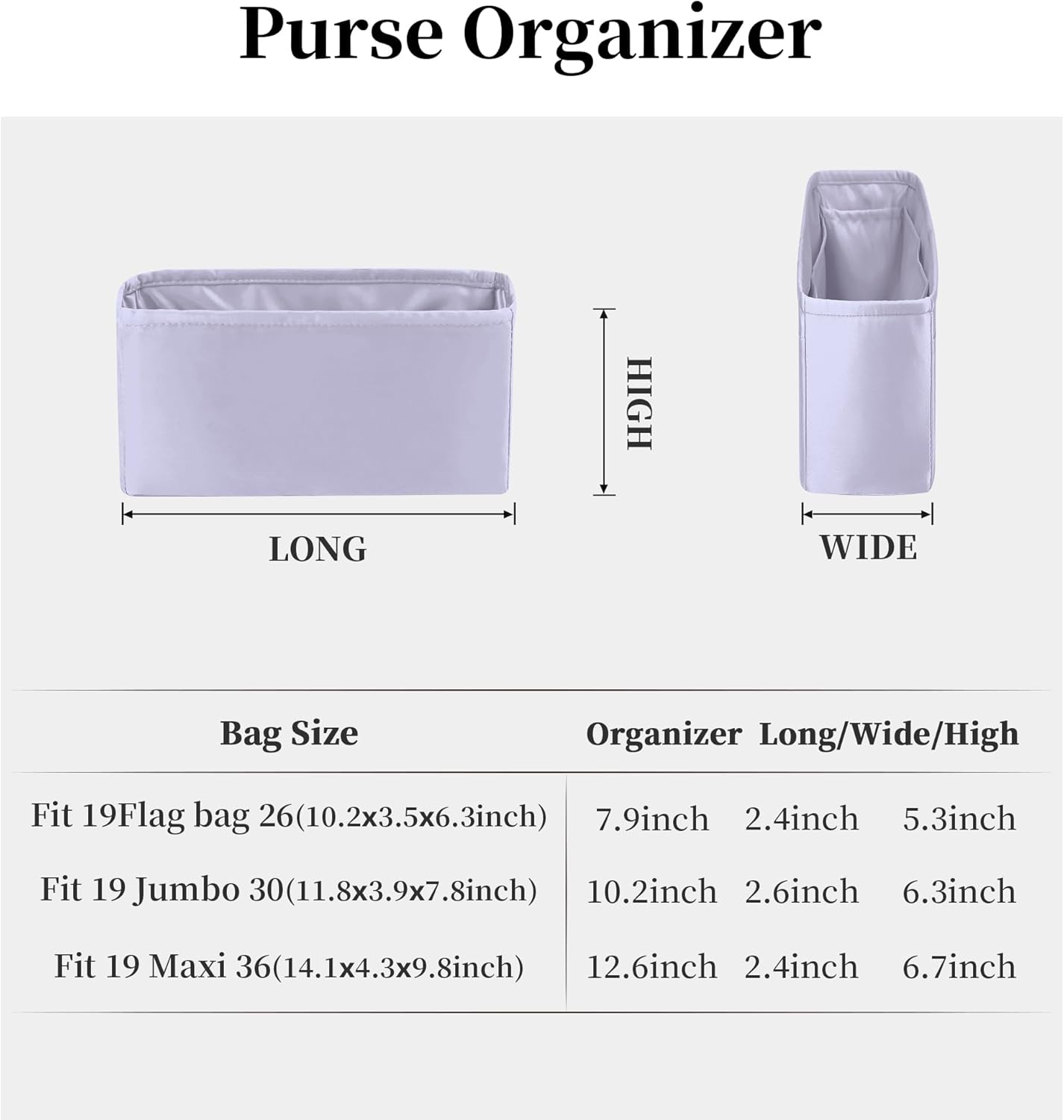 19 Bag Organizer Insert, Purse Organizer with Silky Satin Compatible with Chanel 19 Flap26 Bag, Lightweight Inner Bag for Luxury Bags (Lavender, Flap26)