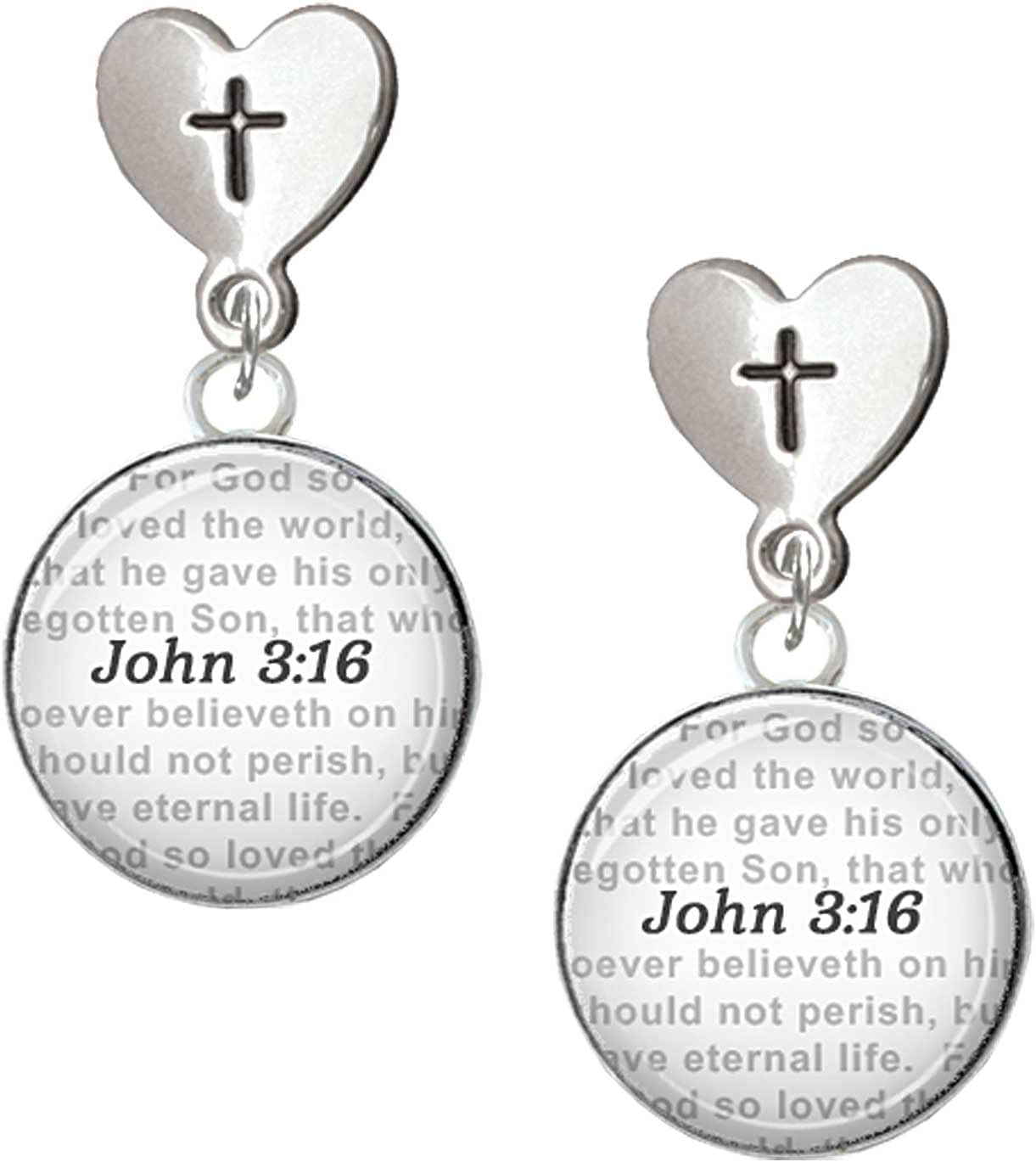Delight Jewelry Silvertone Domed Verse Cross in Heart Post Dangle Earrings