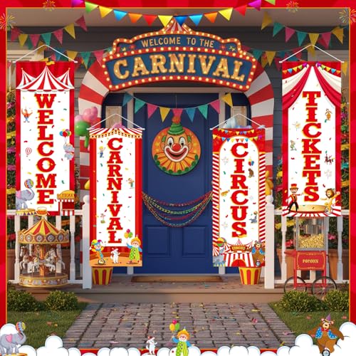 Image of Panelee 4 Pcs Carnival Circus Party Decorations Welcome Carnival Circus Tickets Porch Banner Hanging Backdrop for Halloween Birthday Baby Shower Door Wall Indoor Outdoor Decor