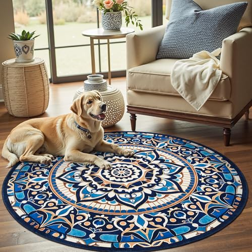 jinchan Mandala Round Rug 5ft Blue Boho Washable Non-Slip