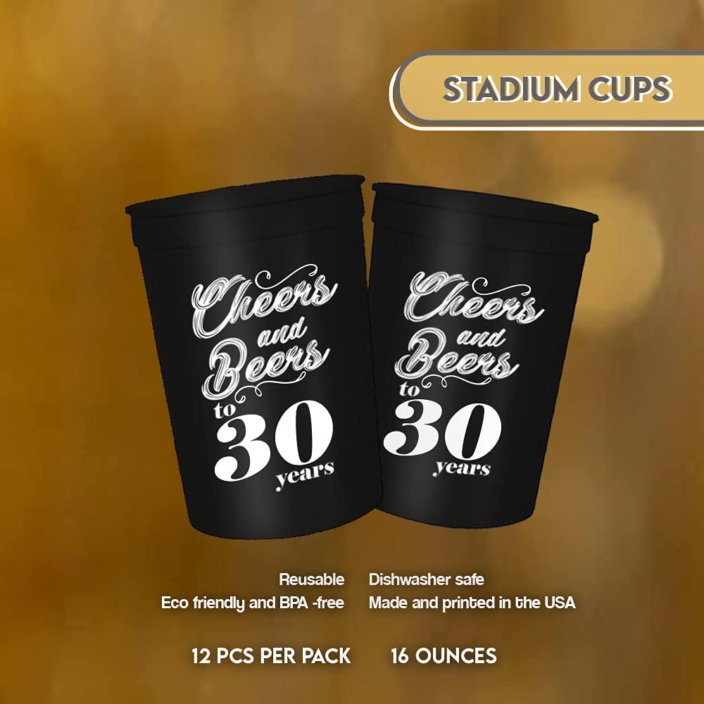 Blасk Frіdау - 70% оƒƒ Cheers and Beers to 30 Years Birthday Party Cups, Set of 12, 16oz Black and White Stadium 30th Birthday Cups, Perfect for Birthday Parties, Birthday Decorations