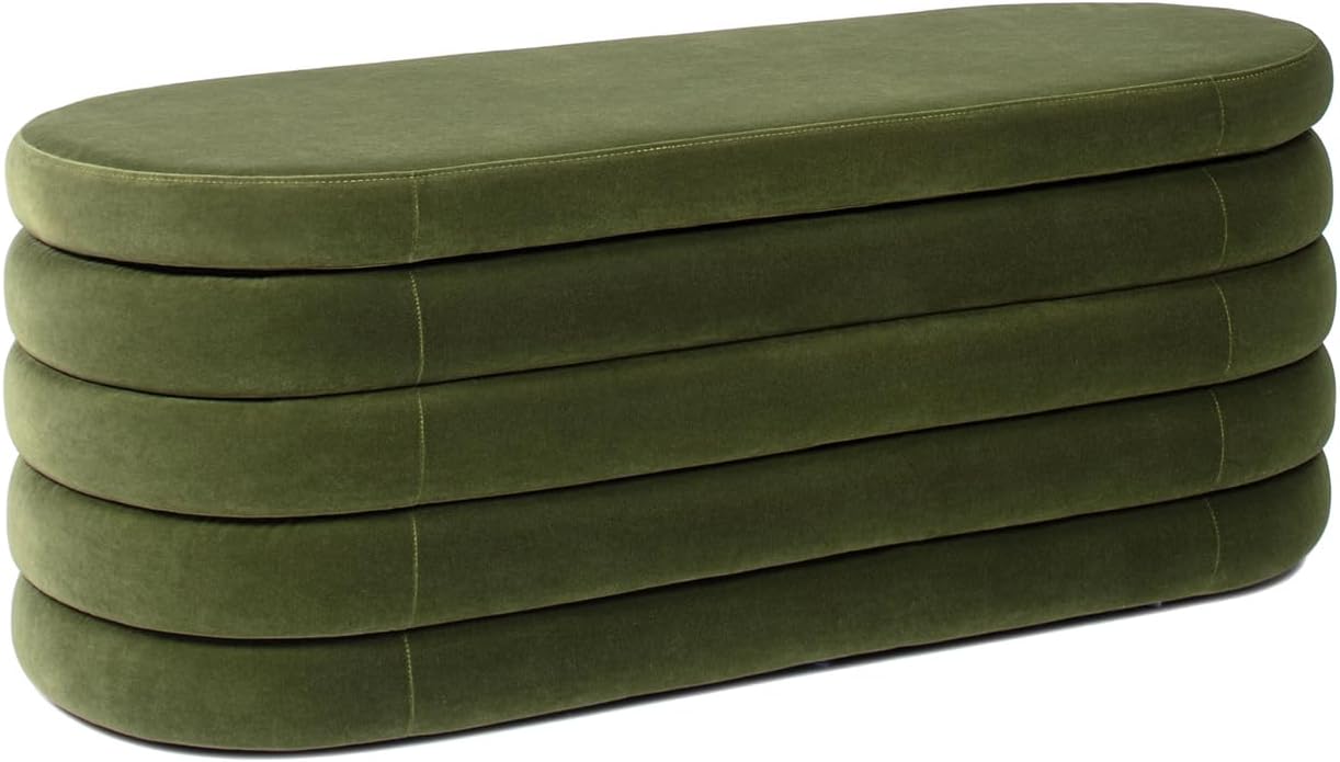 Fuji 49" Upholstered Oval Storage Bench, Olive Green