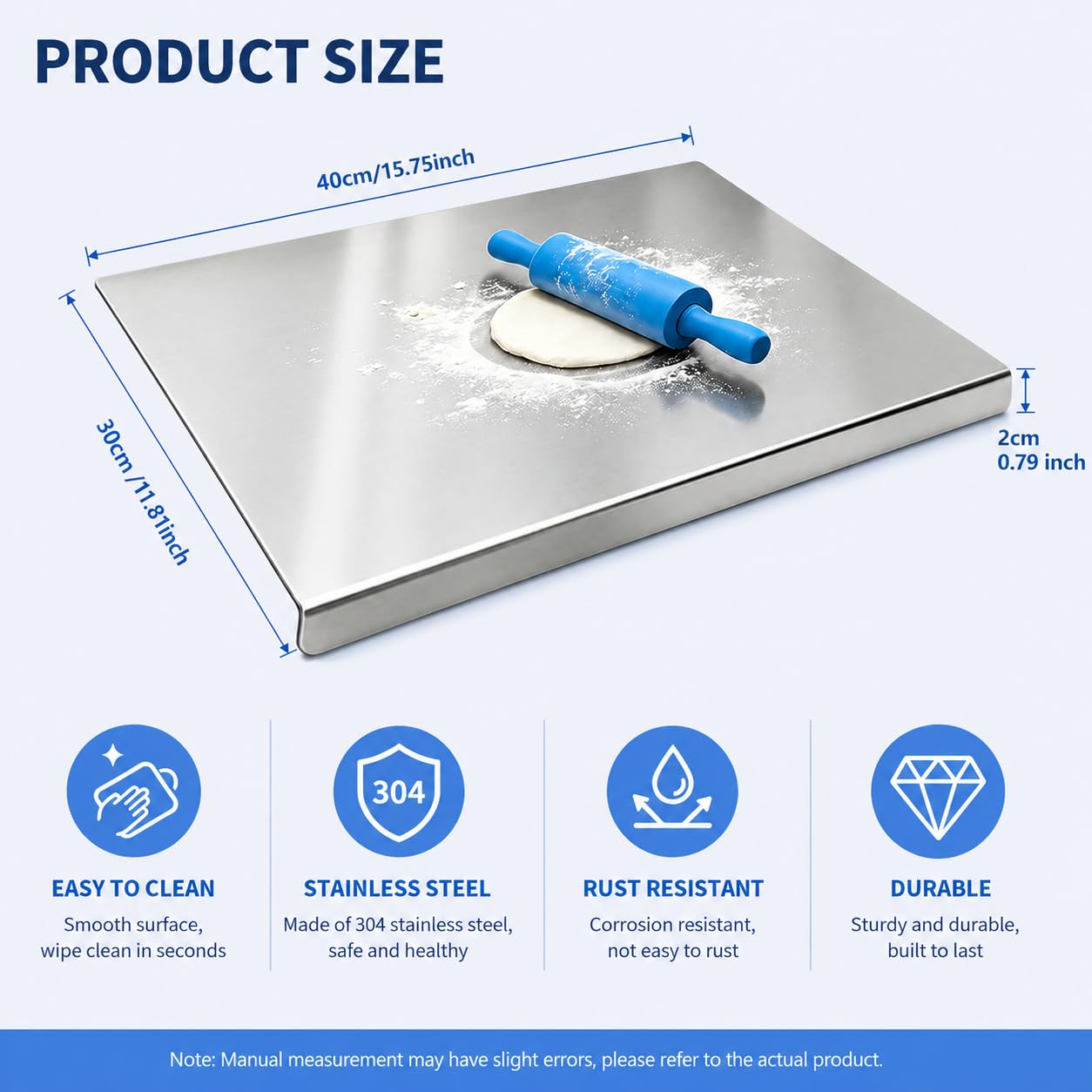 Tabla de cortar para amasar de acero inoxidable 40x30 cm, tabla de cortar cocina para encimera, resistente a cuchillos, ideal para pan, repostería y uso doméstico profesional