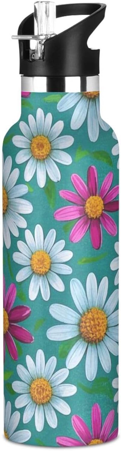 Elegant Daisy Floral White Peach Leakproof and BPA Free Insulated Water Bottle with Handle Double-Wall Vacuum Insulation for Water, Milk, Juice,