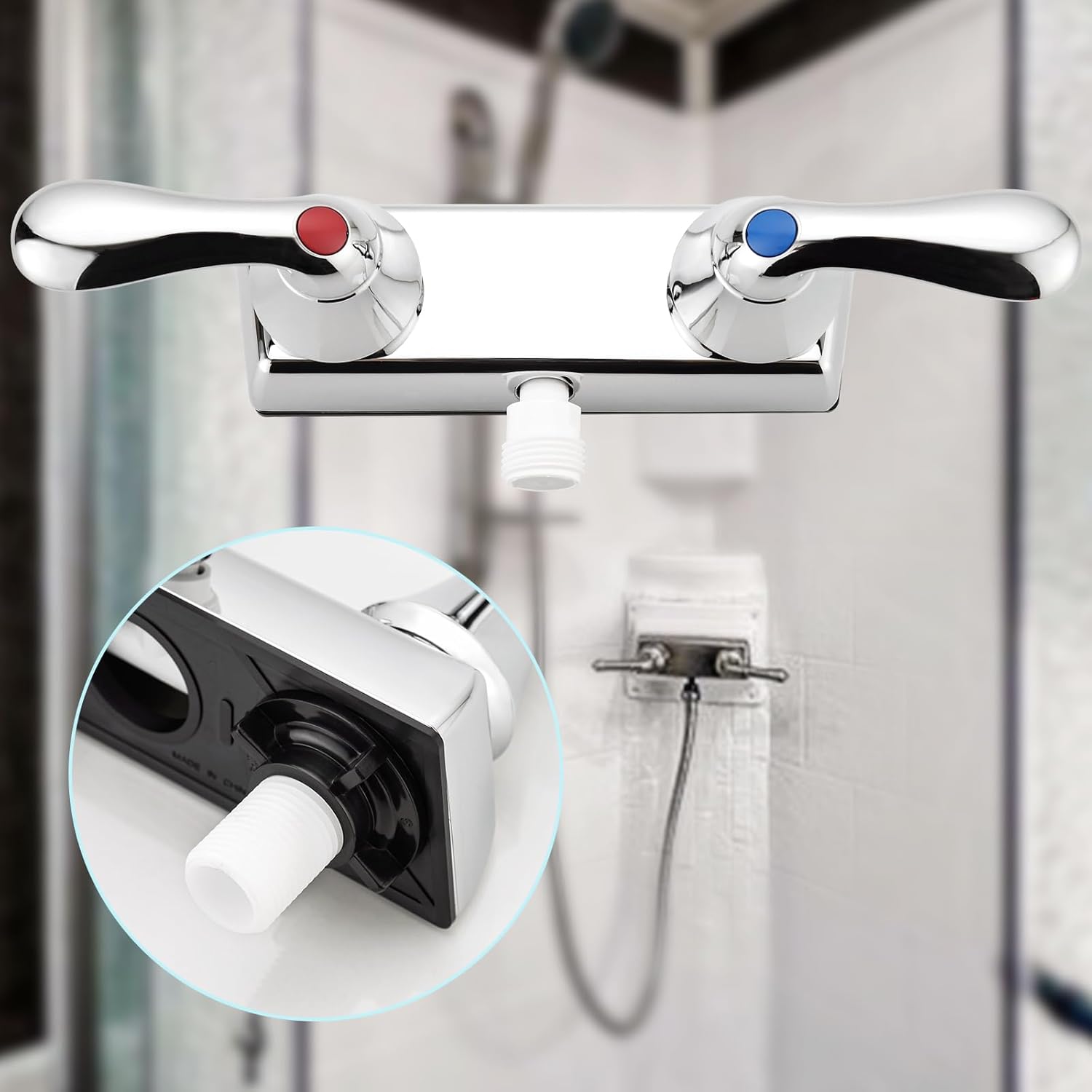 Camper Shower Dual Faucet, RV Shower Faucet Valve Diverter with Winged and Classical Handles (Chrome Polished)
