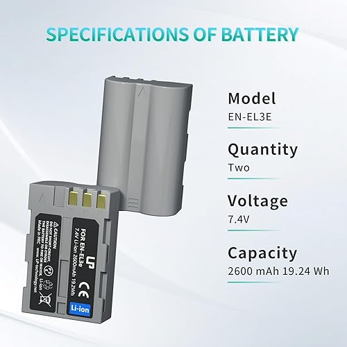 Miniatura 5 de Paquete de baterías EN-EL3e, LP 2 unidades, repuesto para Nikon EN-EL3, El3e, El3a, compatible con Nikon D50, D70s, D80, D90, D100, D200, D300s,