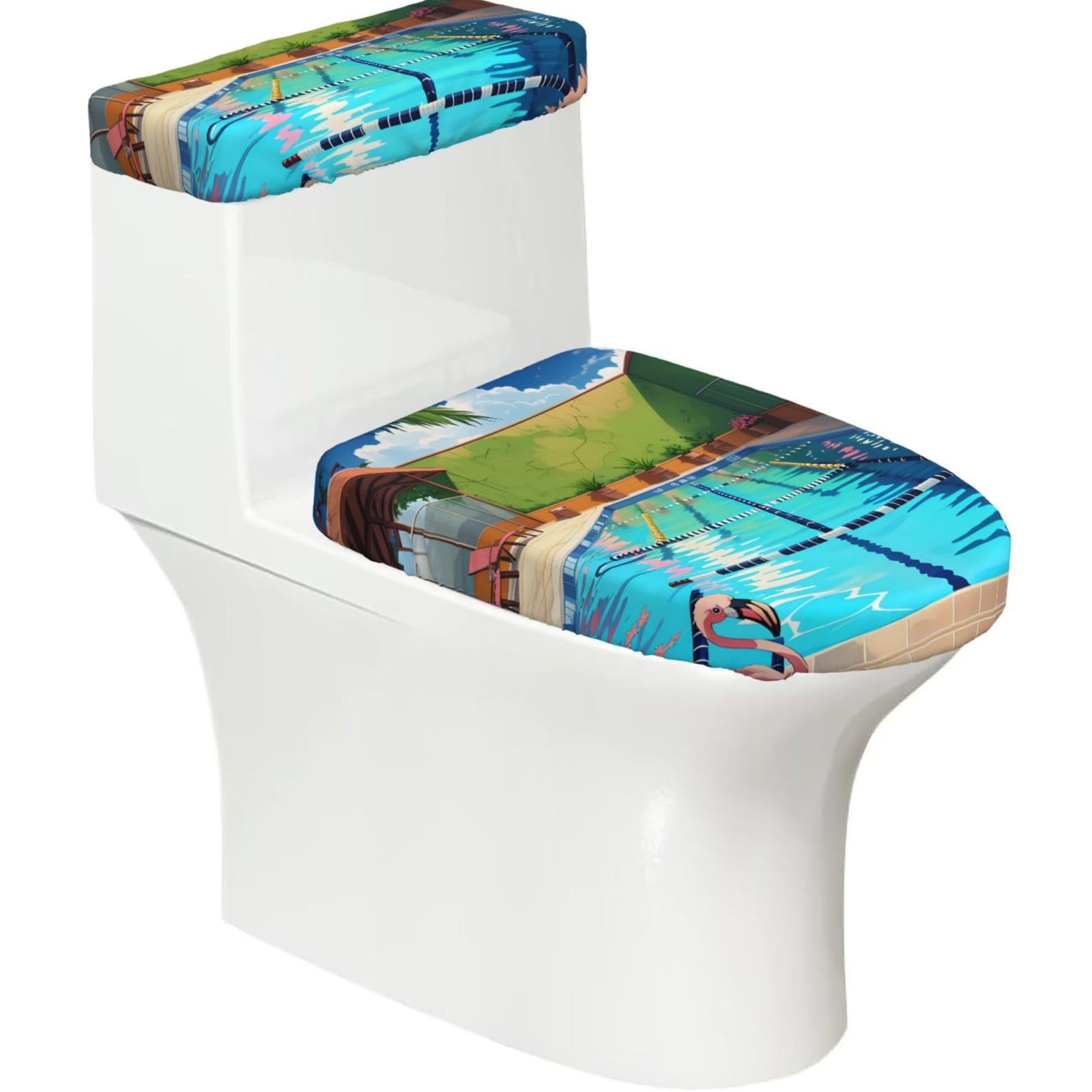 Mrowyc Black Flamingo And Swimming Pool Printed Toilet Seat Set - Set Of 2 - Universal Toilet Seat Cover - Housewarming Birthday Christmas Gift
