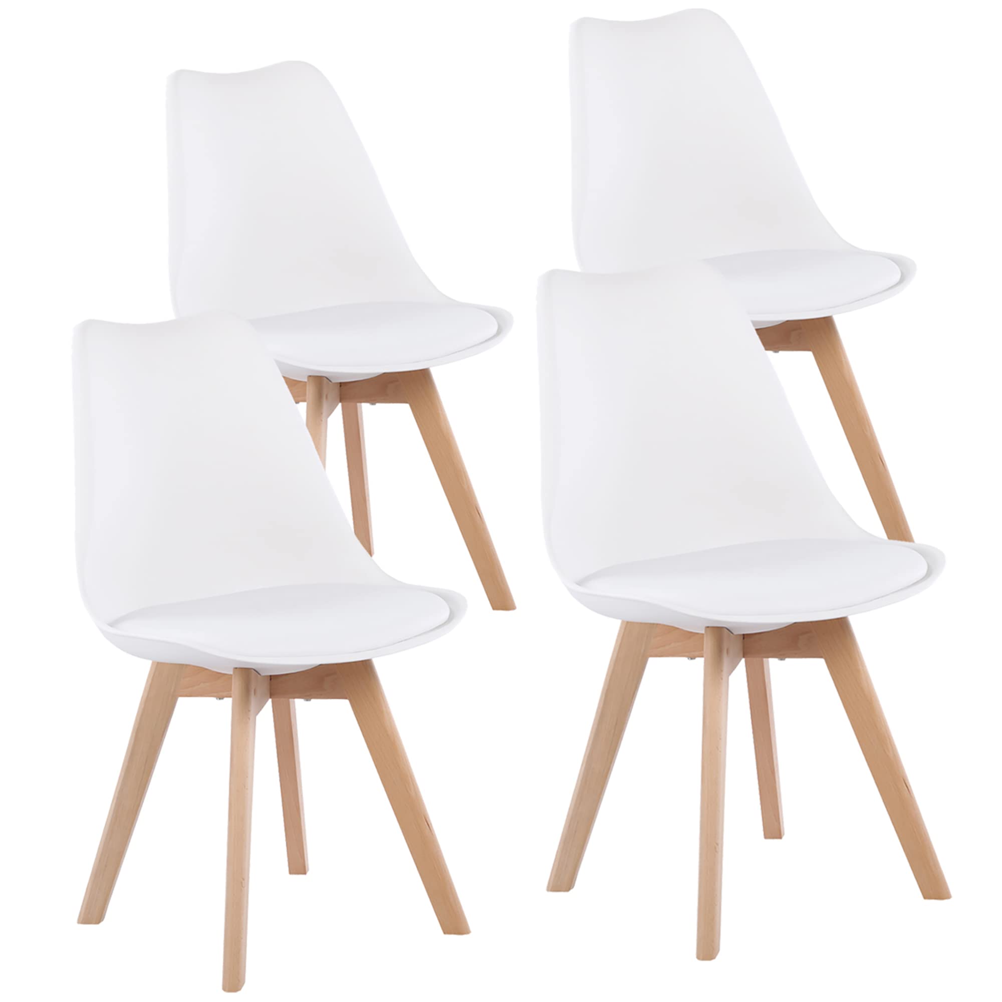 EGGREE Pack de 4 Sillas de Comedor Sillas Cocina Nórdico con Asiento Tapizado y Las piernas de Madera de Haya Maciza - Blanco