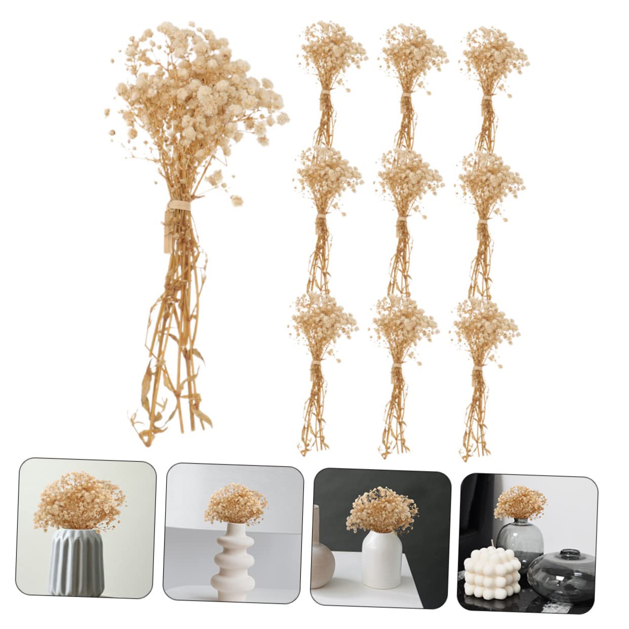 Cabilock 4 Pièces 10 Petit Bouquet de gypsophile Fleurs séchées Bouquet séché sachets bouda Decoration Interieure Fleur sechees Ornement de Bouquet créatif Faux Bouquets décoratifs Beige