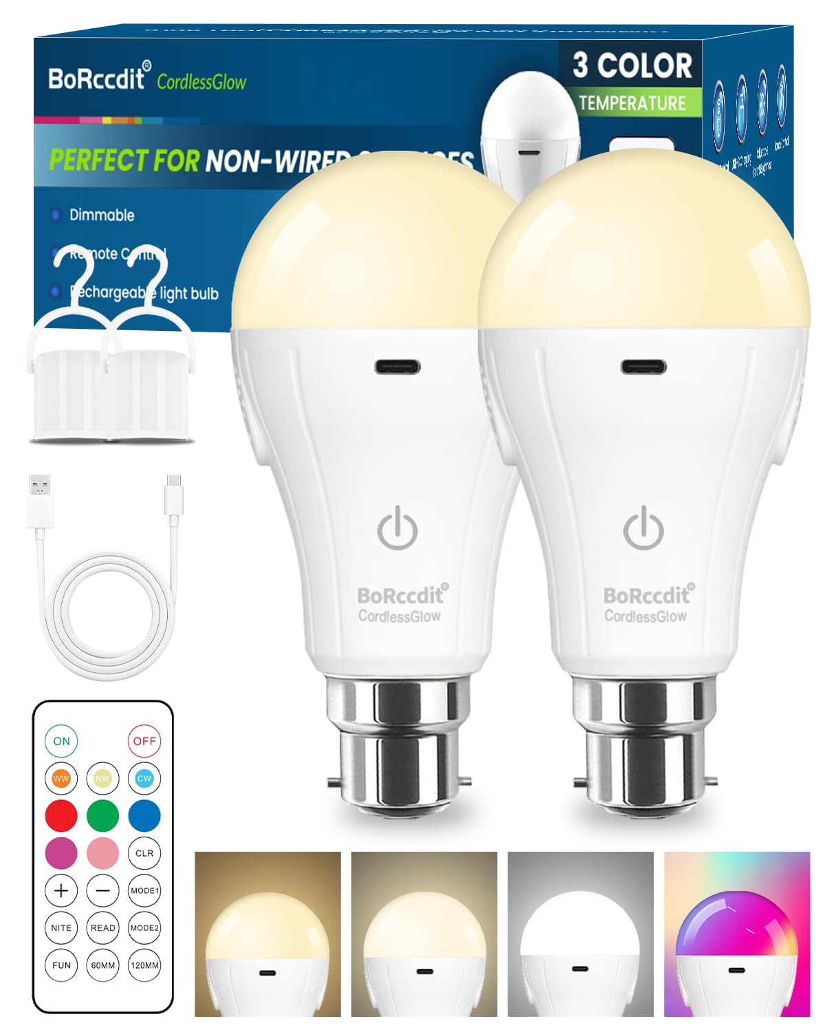 BoRccdit RGB Rechargeable Light Bulb with Remote, 15W 60W Eq., 9 Colors & Dimmable with 5 Preset Modes, USB 2000mAh Battery, No Wiring Color Changing Lamp Bulb for Party, Emergency, 2PK (B22 Bayonet)
