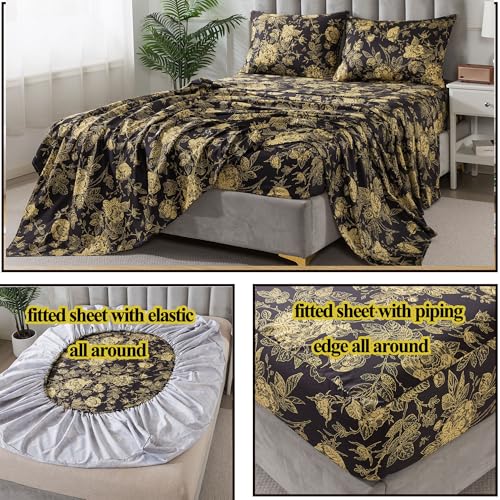 Image of FADFAY Rose Sheets Set Full Vintage Black Gold Floral Bedding Shabby Peony Botanical Sheets Luxury Farmhouse Bedding 800 Thread Count 100% Egyptian Cotton Deep Pocket Fitted Sheet 4Pcs, Full Size