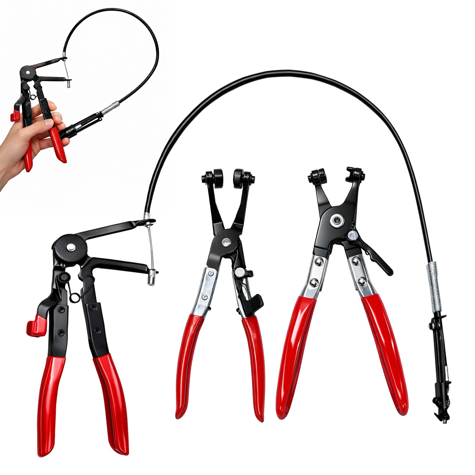 3 Stück Schlauchklemmenzange Set, Schlauchschellenzange mit Geradem+Gebogenem Hals+Drahtfeder, Verstellbar Arretierbar für Auto Reparatur