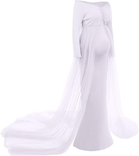 Miniatura 3 de Vestido de maternidad maxi de manga larga con hombros descubiertos para mujer, vestido de fotografía de tul para boda estilo sirena para sesión de