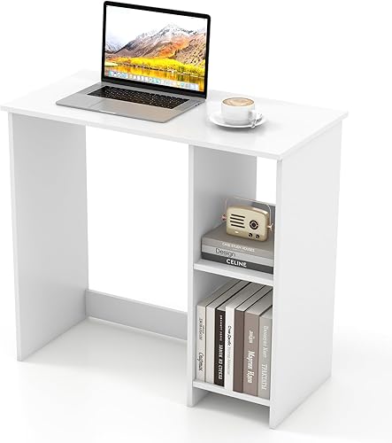 Giantex Escritorio pequeño blanco para dormitorio, escritorio de computadora de oficina en casa de 31.5 pulgadas con estantes, escritorio de estudio