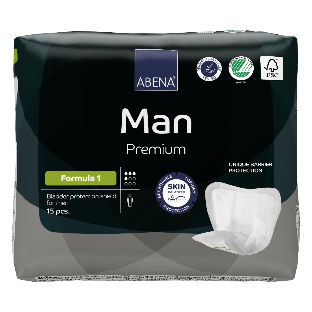 Man Formula 1 Incontinence Pads for Men, Eco-Friendly Mens Incontinence Pads, Extra Protection, Breathable & Comfortable with Fast Absorption, Discreet - 450ml Absorbency, 15PK