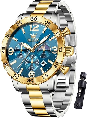 OLEVS Reloj de lujo para hombre, pulsera grande, analógico, cuarzo, acero inoxidable, impermeable, luminoso, fecha, cronógrafo, fase lunar, relojes