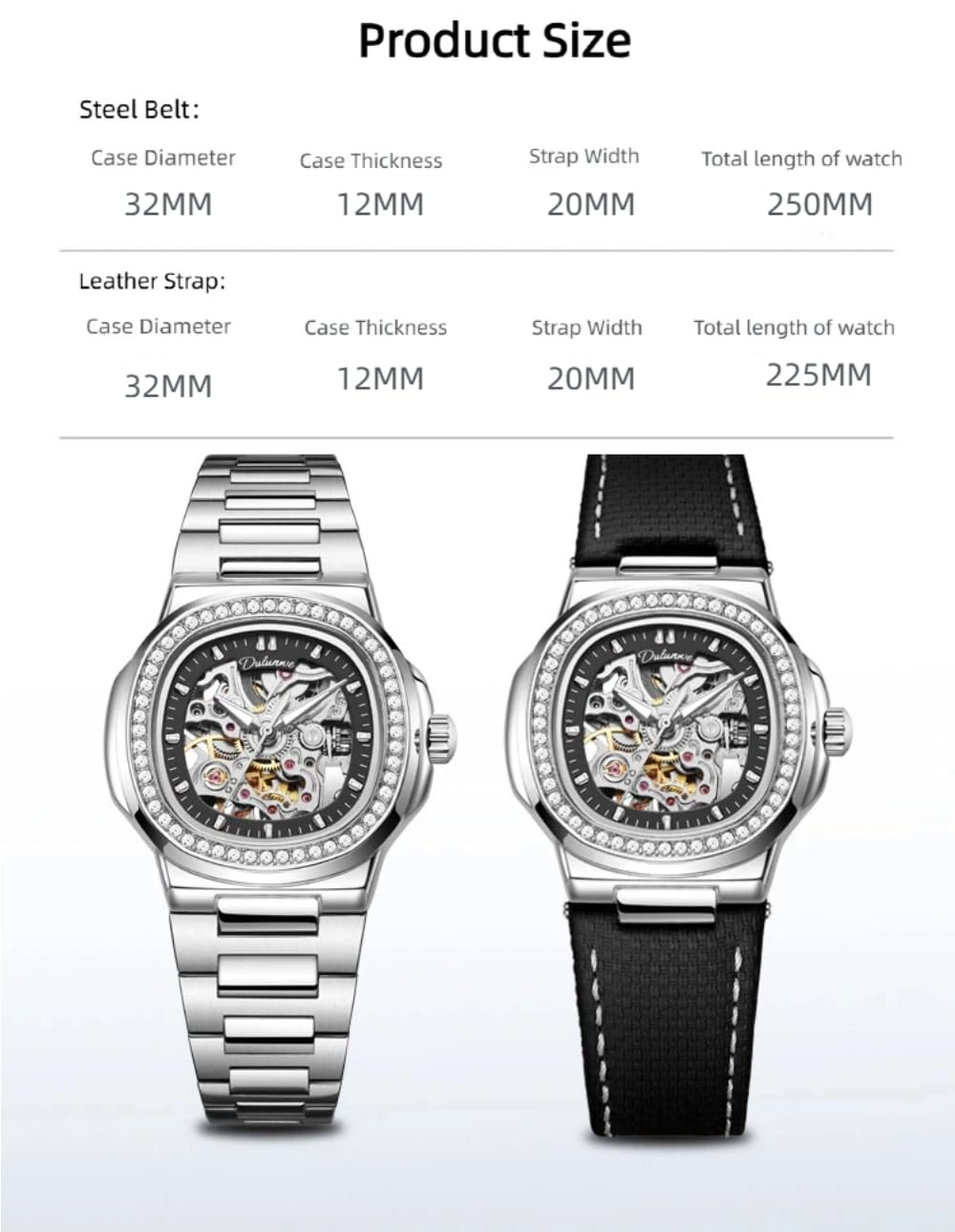 Damen Ausgehöhlte Skelett Vollautomatische Mechanische Uhr Mode Diamant eingelegte Lünette Uhr Leuchtende Wasserdicht Elegant Luxus Armbanduhr