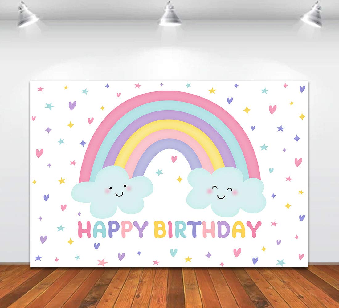 Wuy Rainbow Happy Birthday Backdrop Kids Party Colorful Stars Cloud Sky Photography Background 6x4ft