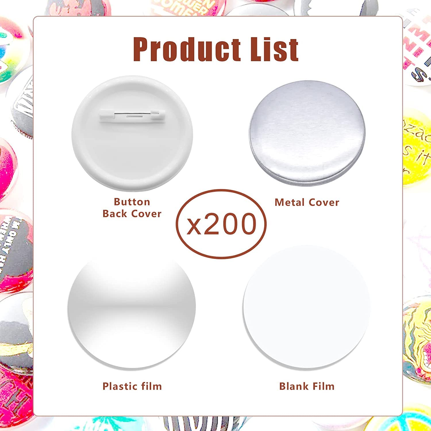 Buttonrohlinge, 200er Set 58mm DIY Pins Buttons Design EIN Abzeichen, Buttons Selber Machen, Button-Set mit Pin, für Bastel Handwerk und Handwerk Aktivitäten (58mm / 2.28inch)