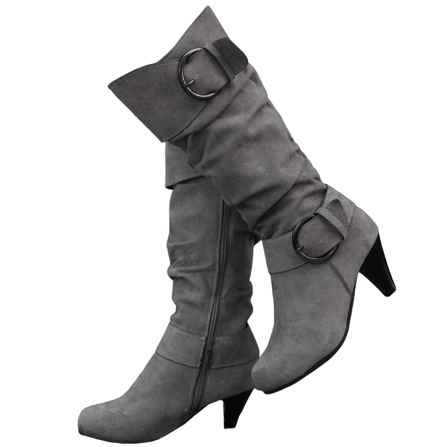 DINTAHA Faux Suede Mid Calf Slouch Boots with Heels Fall Slouchy Dress Boots