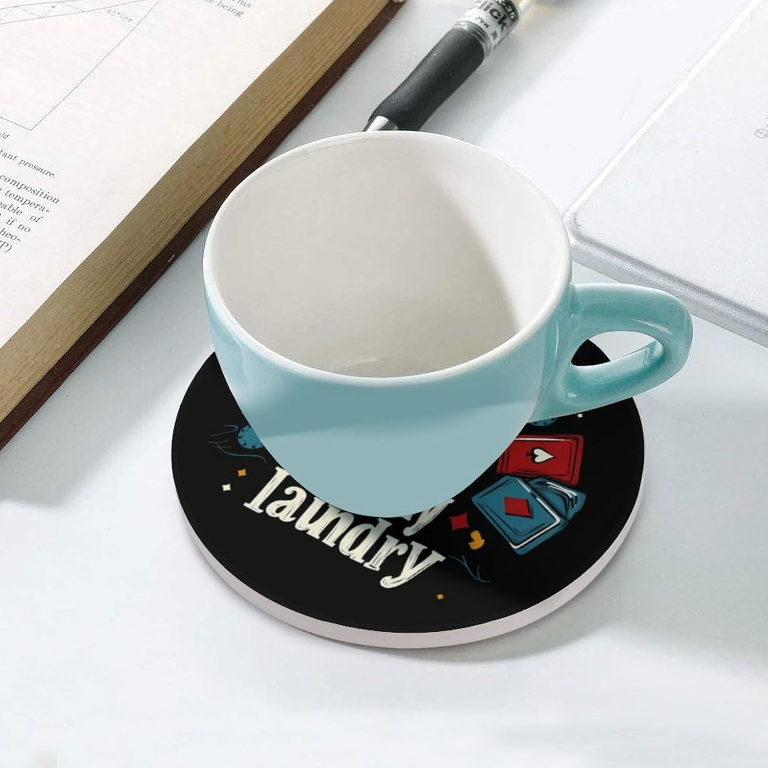 Poker I Don't Even Fold My Laundry Round Ceramic Coasters for Drinks Absorbent Cup Holder Tabletop Protector with Cork Base
