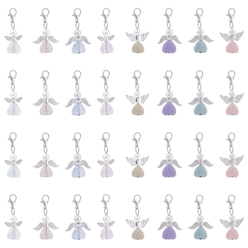 CRAFTYMELODY 32Pcs Angel Wing Pendants Charm 8 Styles Guardian Angel Charms Colorful Pearl Bead Fairy Dangle Pendants Heart Beads Charms with Lobster Clasps for DIY Party Favor Wedding Jewelry Making