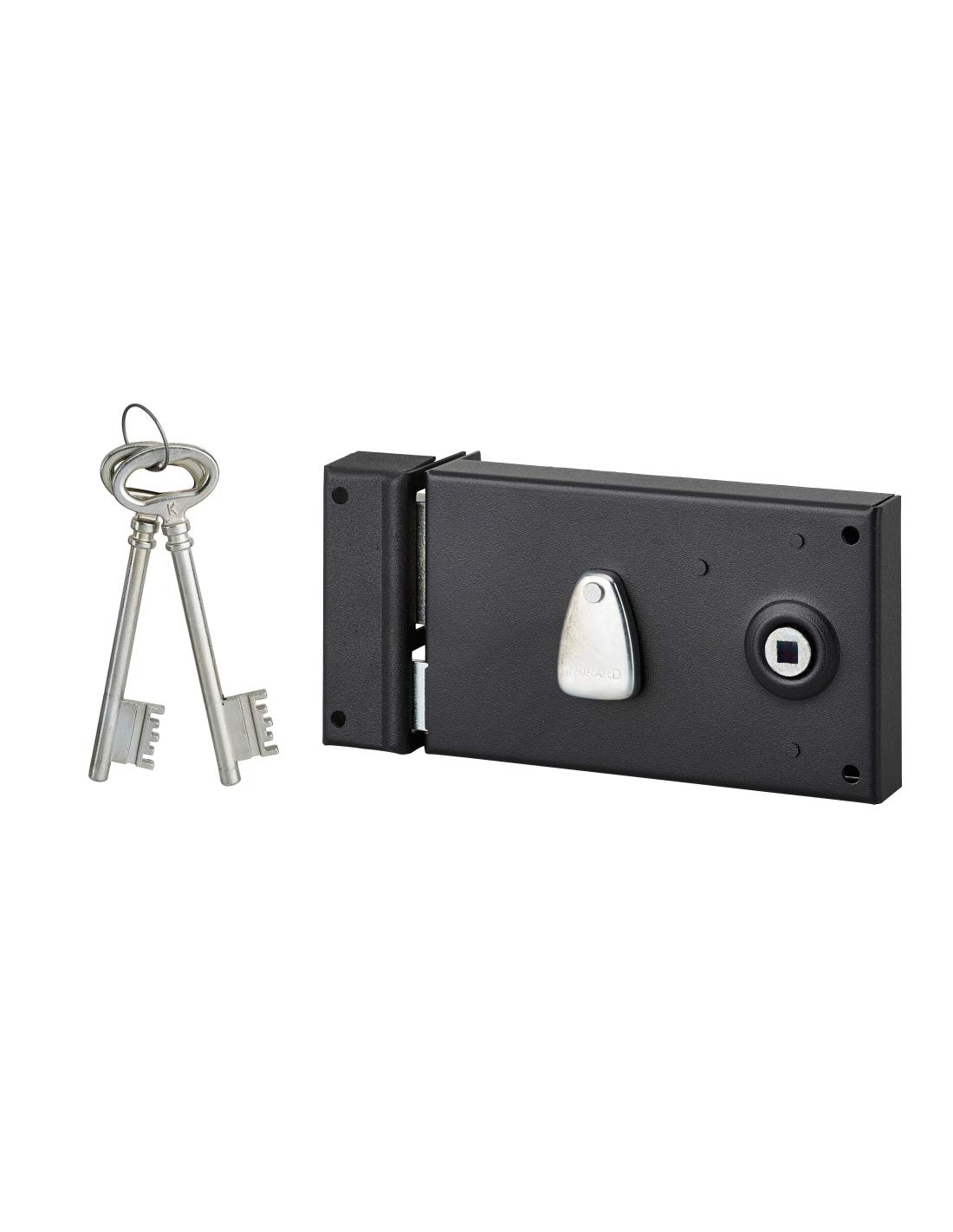 THIRARD Serrure Horizontale en Applique 4 Gorges, Gauche, Noir, 140 x 82 mm | Coffre acier cambré, axe 58 mm, carré 7 mm, 2 clés nickelées incluses, mécanisme 4 gorges à 2 tours, pose porte gauche