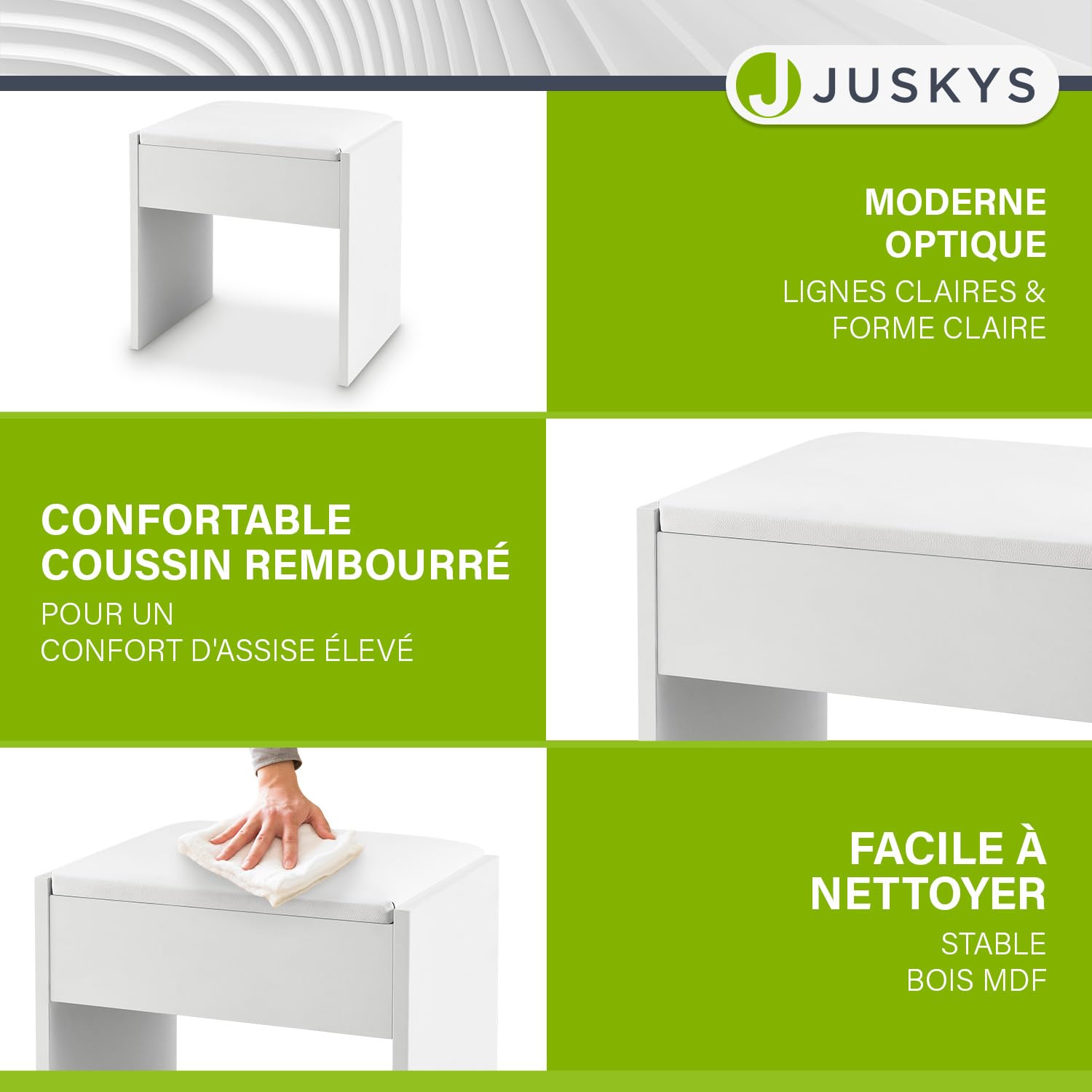 Juskys Tabouret de Coiffeuse Melly avec Coussin rembourré et Housse en Similicuir, Pouf de Maquillage en Bois, Siège Modern pour Chambre à Coucher, 40 x 30 x 43 cm