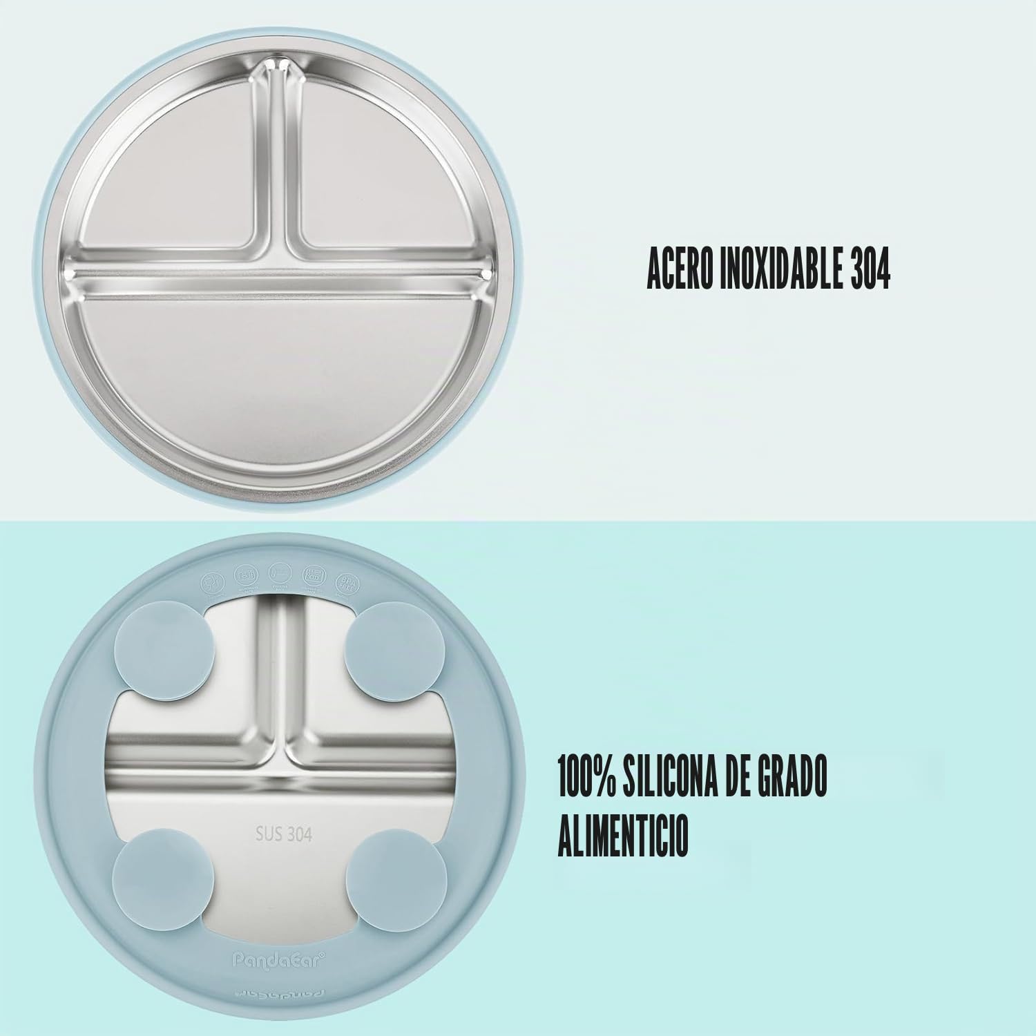 PandaEar Platos con Ventosa de Acero Inoxidable para Bebé Pack de 3 | Pack de 3 platos con ventosa, Con tapas, De acero inox y silicona, Sin BPA, Aptos para lavavajillas.