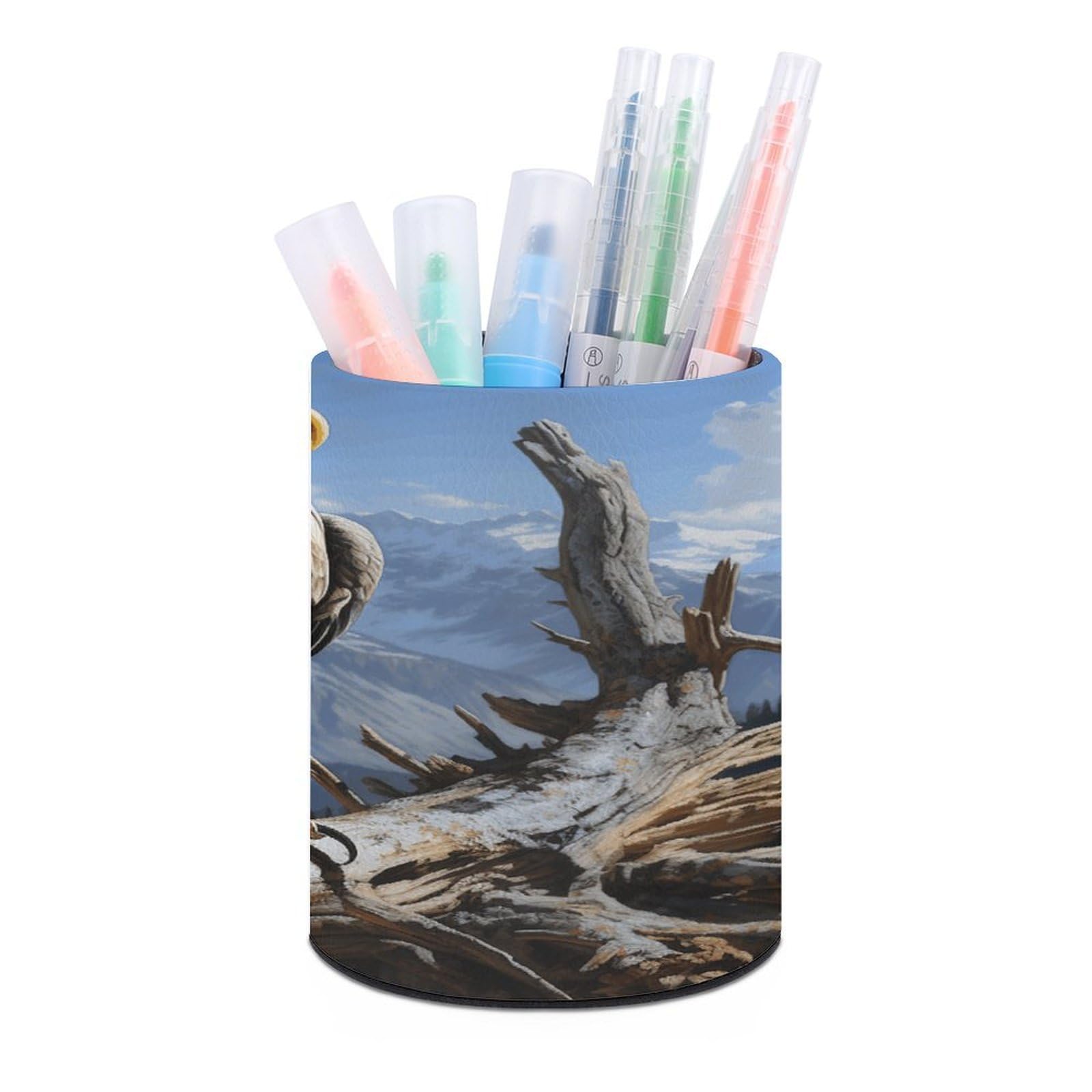 VstaDank A Lone Eagle Pen Holder PU Leather Pencil Cup Minimalist Desk Pencil Holder Round Make Up Brush Organizers For Office Dorm Room&Vanity Desk Accessories