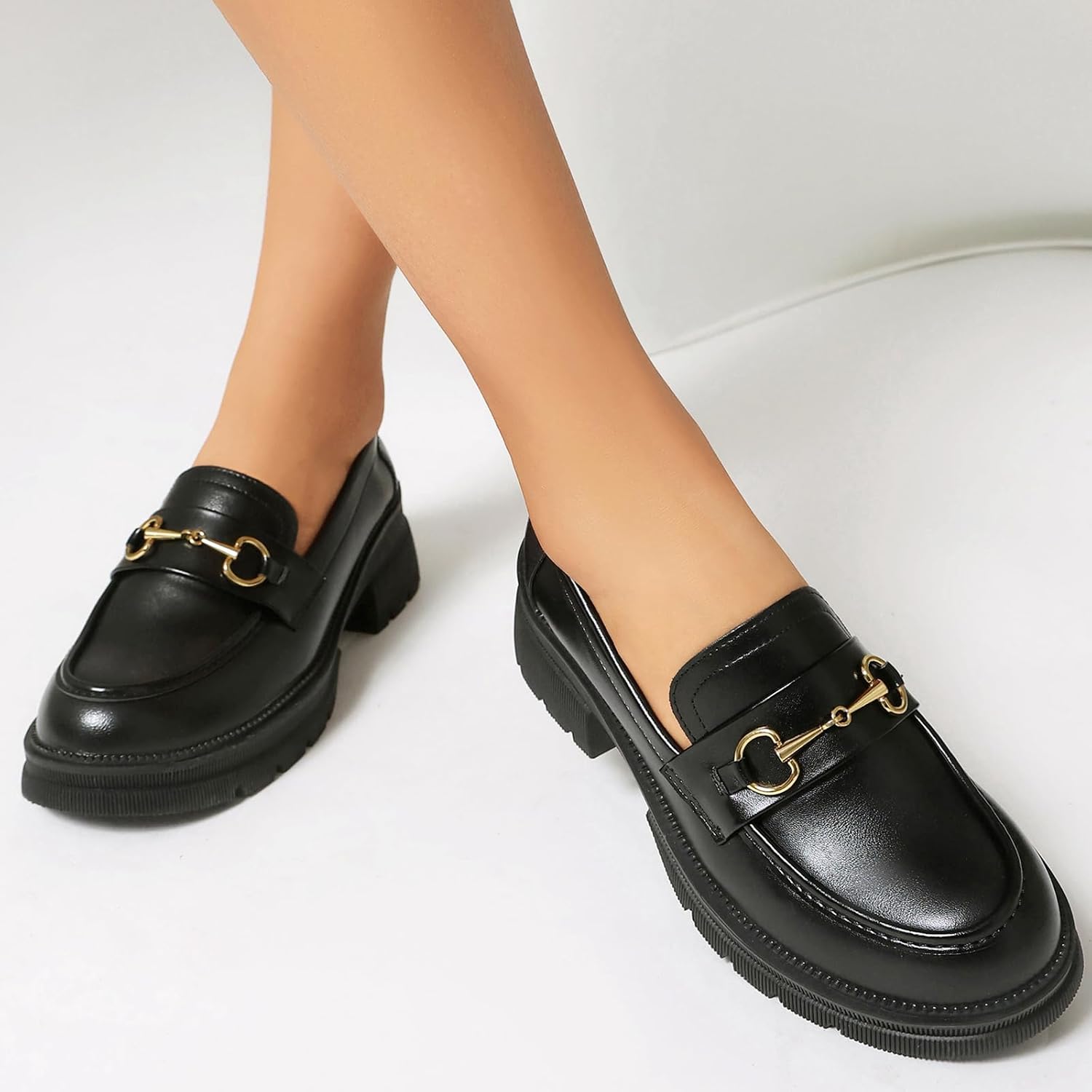 MASIKA Black Platform Loafers for Women - Women's Retro Slip-On Leather Loafers, Chunky Shoes for Work & Dressy Occasions. - Image 5