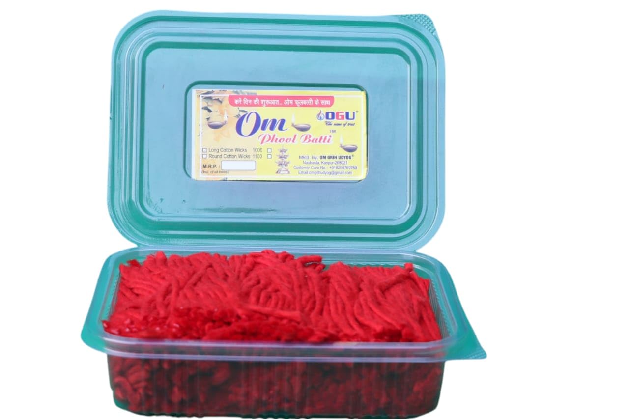 Om Phool Batti 500 Pcs. Long Cotton Wicks Box Pack Thiri Rui Handmade Lambi Diya Jyot Batti for Pooja Aarti Navratri Home Dcor Meditation and Spiritual Prayers (Red, Size 3.5 Inch)