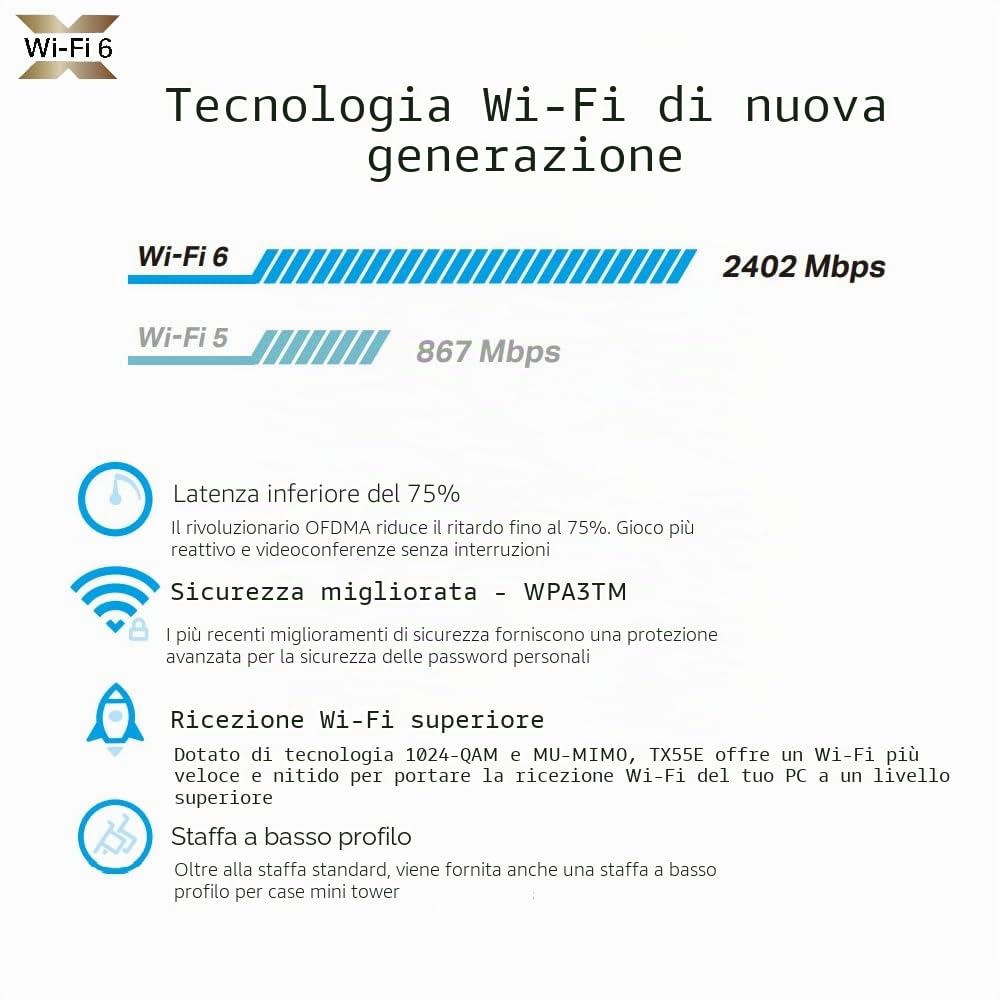 TP-Link Archer TX55E AX3000Mbps Bluetooth 5.2 Dual-Band WiFi 6 PCIe Card con due antenne, adattatore WiFi per dissipatore di calore specializzato per PC, 1024-QAM, latenza ultra bassa, supporta