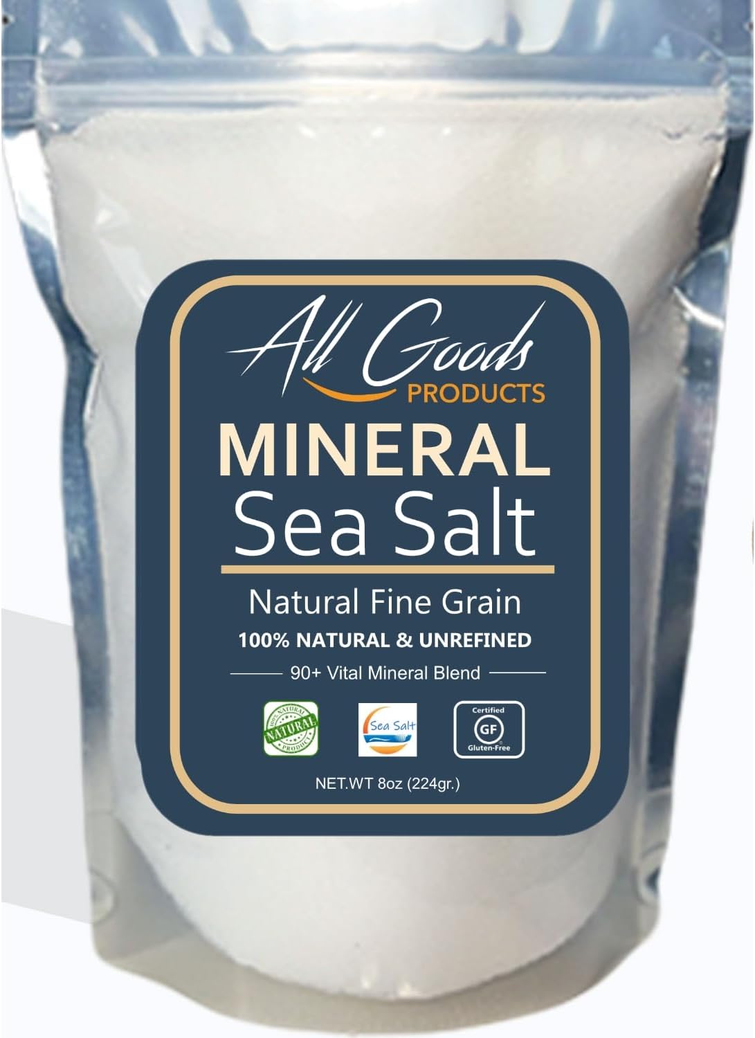 All Goods Products Mineral Sea Salt – Fine Grain, 8 oz, 100% Natural, Hand-Harvested From BAJA california, Loaded with 90+ Essential Minerals, 30% Less Sodium, Kosher, Unrefined. Supports hydration & electrolyte balance, May support muscle & nerve function.