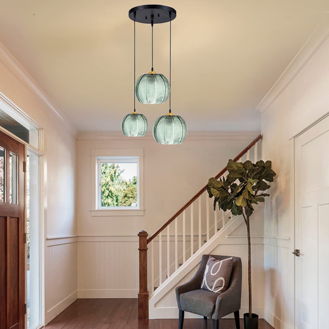 Lampade a Sospensione Moderne in Vetro, lampadario a 3 Teste con Design a Zucca Verde e Paralume in Vetro scanalato, Cavo Regolabile, Lampada a Sospensione da soffitto per Camera da Letto, s